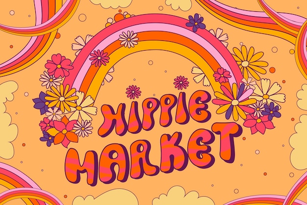 Illustration de texte de marché hippie dessiné à la main