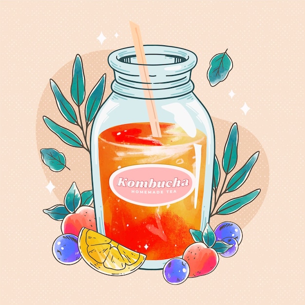 Vecteur gratuit illustration de thé kombucha aquarelle avec fruits