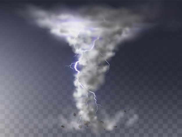 Vecteur gratuit illustration d'une tornade réaliste avec des éclairs, un ouragan destructeur