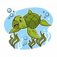 Vecteur gratuit illustration de tortue de mer dessin animé dessiné à la main