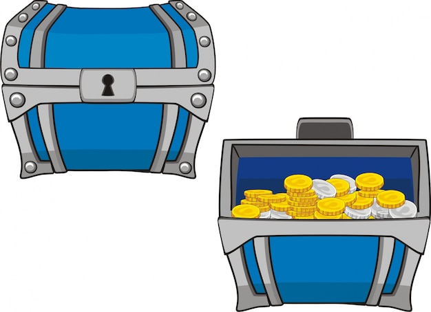 Illustration de traesure coffre pour interface de jeu, fermé et ouvert avec des pièces de monnaie