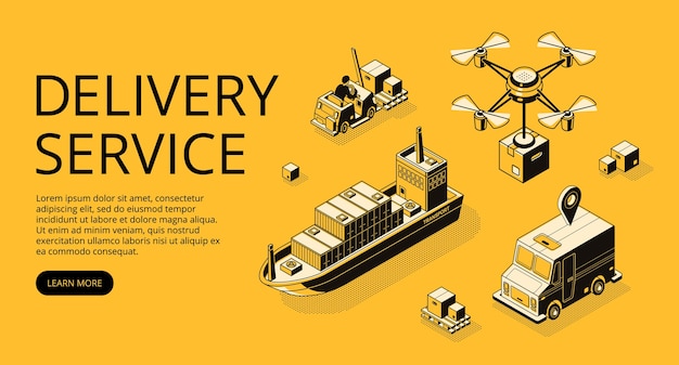 Illustration de transport de service de livraison de fret aérien, fret maritime ou drone et camion