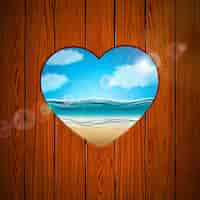 Vecteur gratuit illustration de vacances d'été avec paysage de plage en forme de coeur sur planche de bois et ciel bleu nuageux