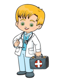 Illustration de vecteur de dessin animé pour les enfants, médecin d'urgence avec un sac de premiers soins