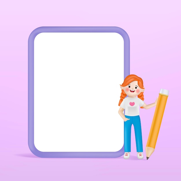 Vecteur gratuit illustration vectorielle 3d personnage de femme mignonne de dessin animé à écrire sur un écran blanc.
