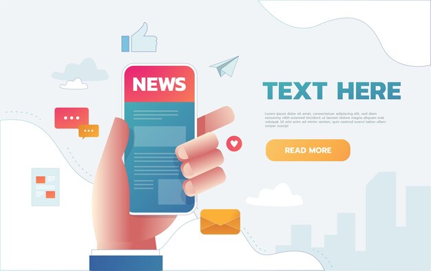 Illustration vectorielle de l'application de nouvelles sur l'écran du smartphone. Nouvelles de lecture en ligne sur smartphone