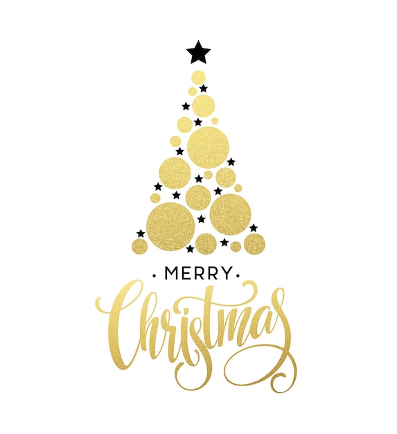 Illustration Vectorielle D'arbre De Noël Doré Faite Avec Un Cercle Scintillant Et Une étoile. Joyeux Noël Lettrage Eps10