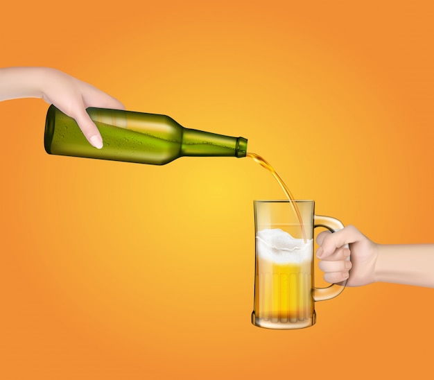 Illustration vectorielle d&#39;une bière d&#39;orge froide versant d&#39;une bouteille dans un verre transparent.