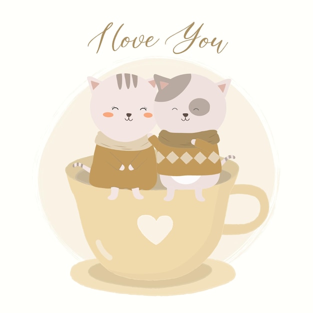 Illustration Vectorielle De Couple De Chats, Tasse De Thé Et Citation De Lettrage