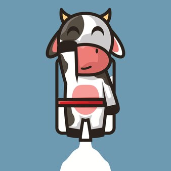 Illustration vectorielle de dessin animé mignon mascotte une vache vole sur un jet de lait