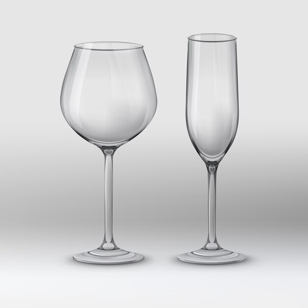 Illustration vectorielle. Deux types de verres: verre à vin et flûte à champagne. Vide et transparent sur fond gris