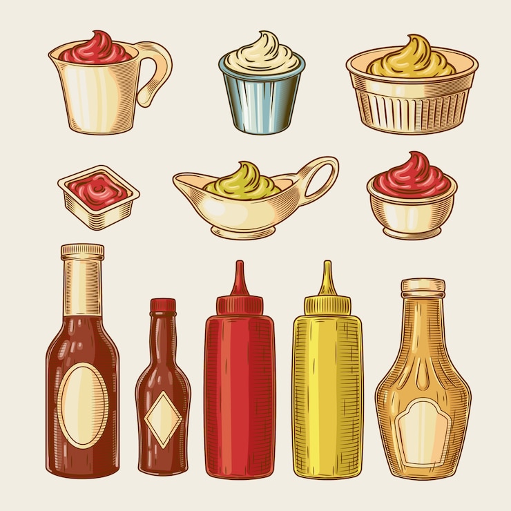 Vecteur gratuit illustration vectorielle d&#39;un ensemble gravé de différentes sauces dans des casseroles et des bouteilles