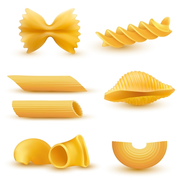 Vecteur gratuit illustration vectorielle ensemble d'icônes réalistes de macaronis secs, pâtes de diverses sortes