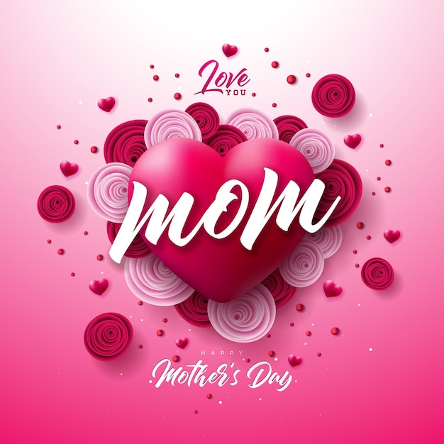 Illustration vectorielle de la fête des mères heureuse avec fleur rose et coeur d'amour rouge sur fond rose