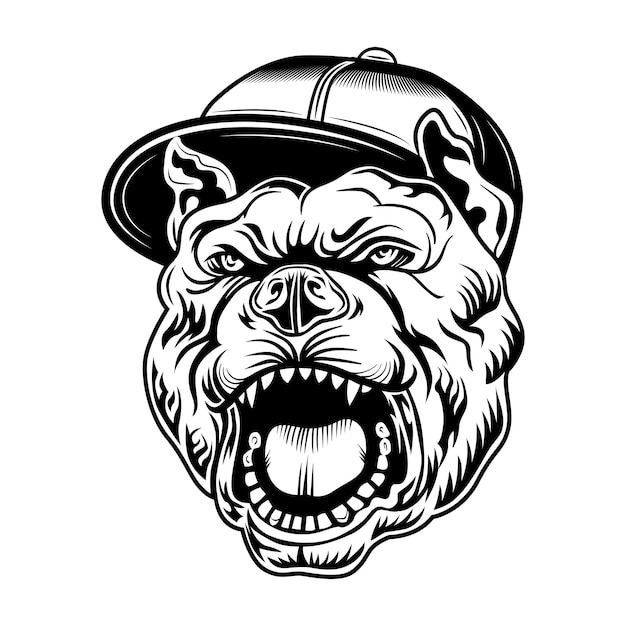 Vecteur gratuit illustration vectorielle de gangsta bulldog. tête de chien agressif en casquette de gangsters