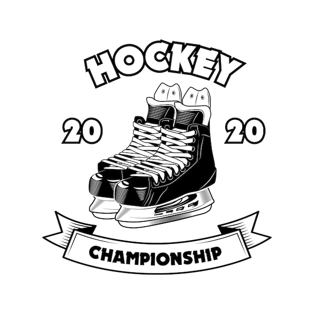 Illustration Vectorielle De Hockey Championnat Symbole. Patins à Glace Et Texte Sur Ruban. Concept D'école De Sport Pour Les Modèles D'emblèmes Et D'étiquettes