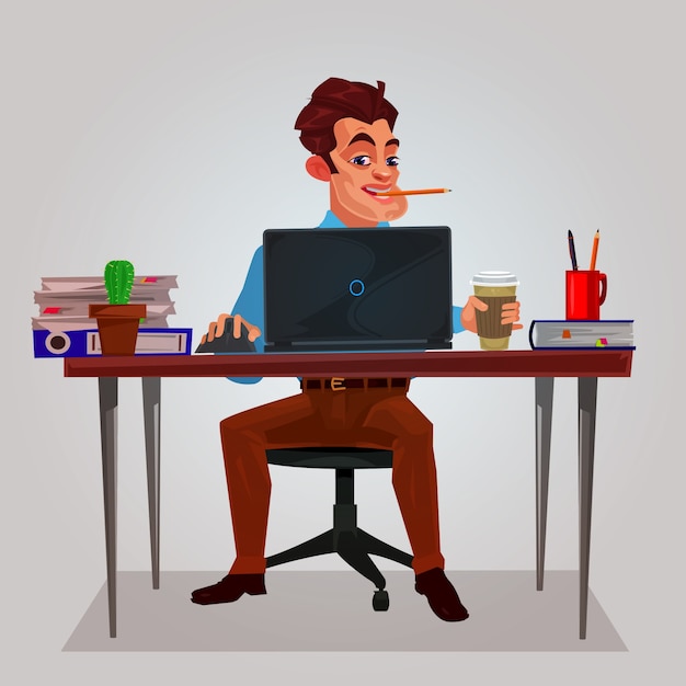 Illustration Vectorielle D'un Homme Travaillant Sur L'ordinateur Portable