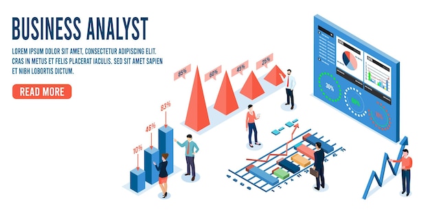 Illustration vectorielle isométrique du concept de technologie d'analyse commerciale Processus fonctionnant avec une grande base de données sur le système de centre de données pour les diagrammes de statistiques de gestion des ventes et les rapports opérationnels