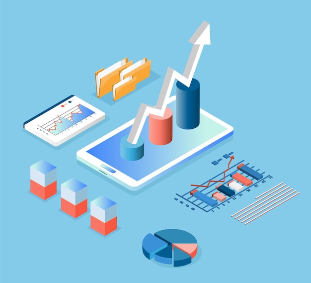 Illustration vectorielle isométrique du concept de technologie d'analyse commerciale Processus fonctionnant avec une grande base de données sur le système de centre de données pour les diagrammes de statistiques de gestion des ventes et les rapports opérationnels