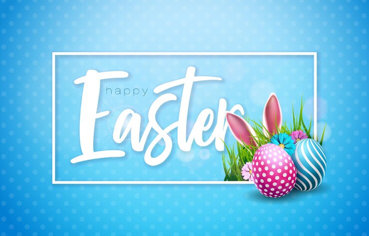 Vecteur gratuit illustration vectorielle de joyeuses fêtes de pâques avec des oeufs peints et des oreilles de lapin sur fond bleu