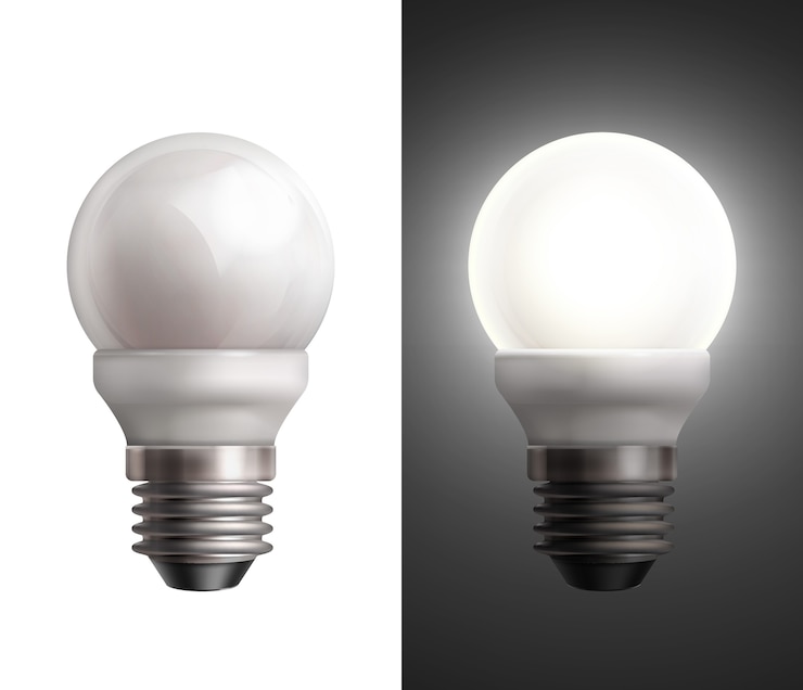 Vecteur gratuit illustration vectorielle avec lampes à économie d'énergie éteintes et incandescentes sur fond noir et blanc
