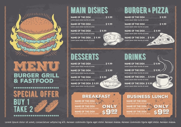 Illustration Vectorielle D'un Menu De Restaurant Fast Food Design, Un Café Avec Des Graphismes Dessinés à La Main.