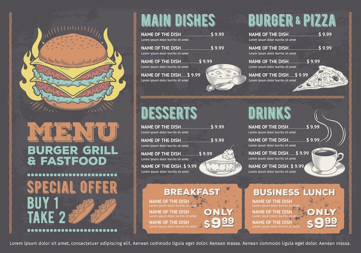 Vecteur gratuit illustration vectorielle d'un menu de restaurant fast food design, un café avec des graphismes dessinés à la main.