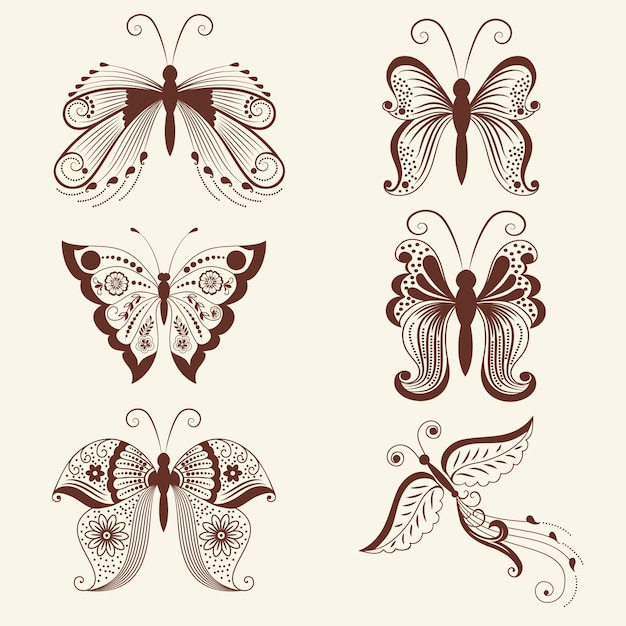 Vecteur gratuit illustration vectorielle de papillons dans l'ornement de mehndi. style indien traditionnel, éléments floraux décoratifs pour le tatouage au henné, les autocollants, le design mehndi et le yoga, les cartes et les estampes.