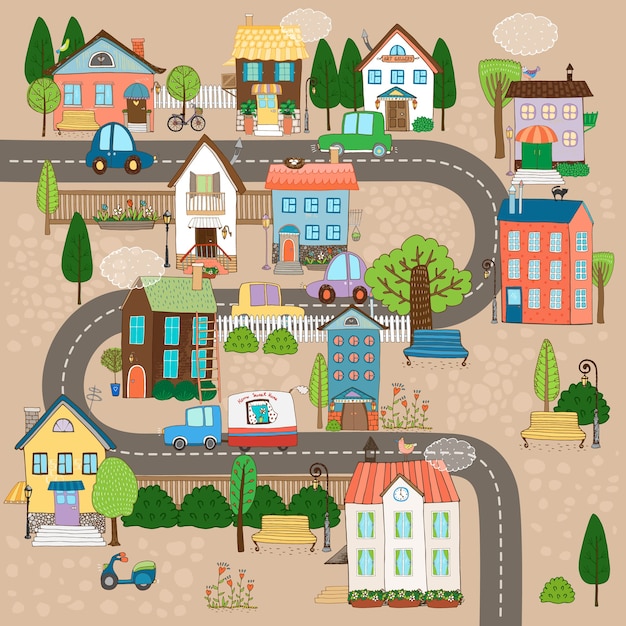 Illustration Vectorielle De Paysage Urbain. Ville Ou Village Sur Route