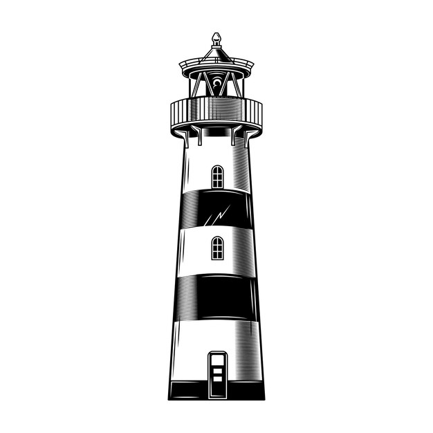 Illustration vectorielle de phare vintage bâtiment. Balise classique monochrome.
