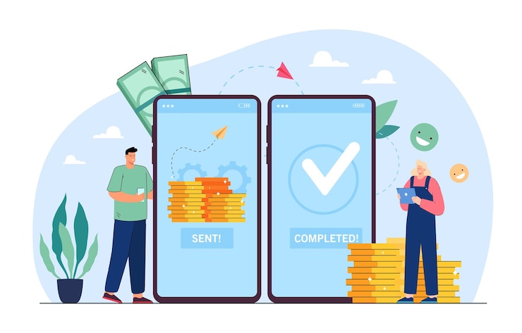 Vecteur gratuit illustration vectorielle plate de transfert de paiement mobile. petit homme et femme envoyant et recevant de l'argent sans fil, effectuant des versements à l'aide d'un smartphone. dépôt bancaire, sans numéraire, concept d'entreprise
