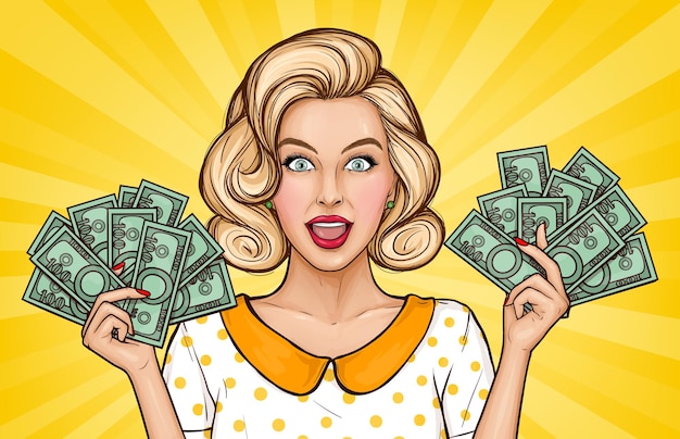 Illustration vectorielle pop art d'une fille enthousiaste avec de l'argent. une jeune femme blonde détient des billets d'argent dans les mains. affiche publicitaire pour l'annonce de remises et de soldes dans le style du popart.