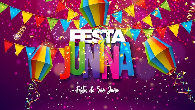Illustration vectorielle Saint John Festa Junina avec drapeaux de fête et lanterne en papier sur fond violet