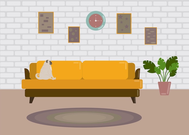 Illustration vectorielle d'un salon lumineux avec un canapé jaune, un carlin assis dessus. également avec une fleur dans un pot et des images d'une fleur accrochée à un mur de briques. un tapis rond dans une pièce lumineuse.