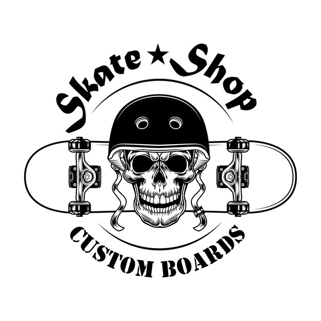 Illustration vectorielle de skate shop étiquette. Crâne en casque avec planche à roulettes et texte