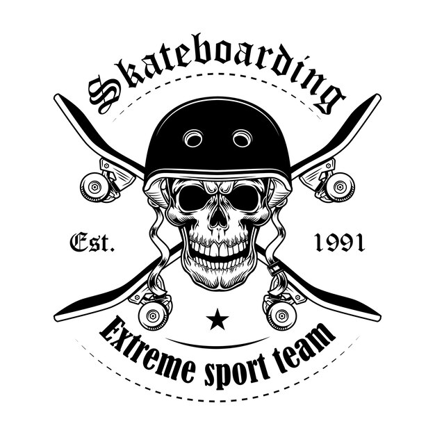 Illustration vectorielle de skateboarder crâne. Tête de personnage avec skateboards croisés et texte