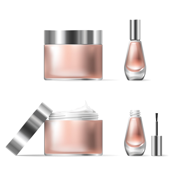 Vecteur gratuit illustration vectorielle d&#39;un style réaliste de récipients cosmétiques en verre transparent avec couvercle argenté ouvert