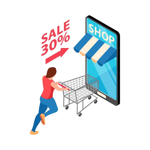 Illustration de vente de boutique en ligne isométrique avec smartphone et personnage fonctionnant avec chariot