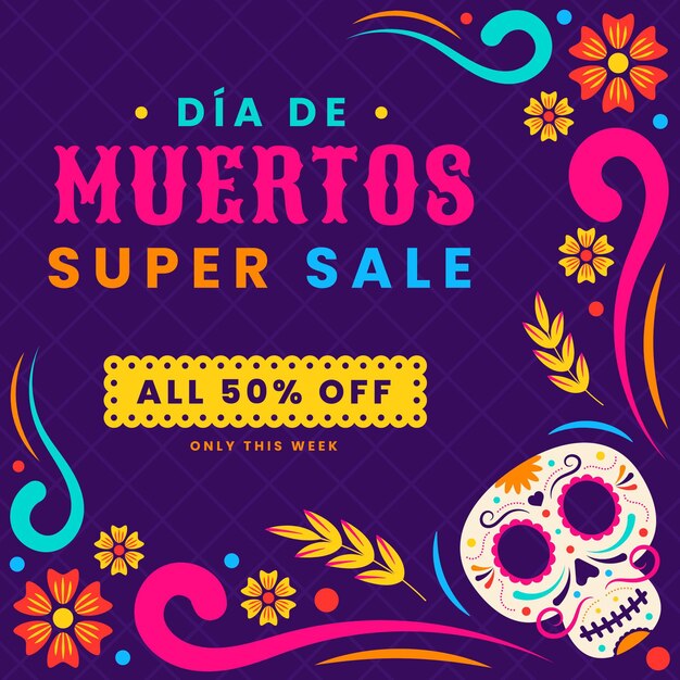 Illustration de vente dia de muertos plat dessiné à la main