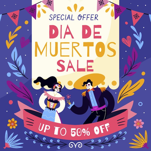 Illustration De Vente Dia De Muertos Plat Dessiné à La Main