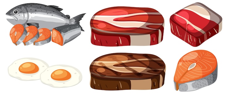 Vecteur gratuit illustration de viandes et de fruits de mer variés