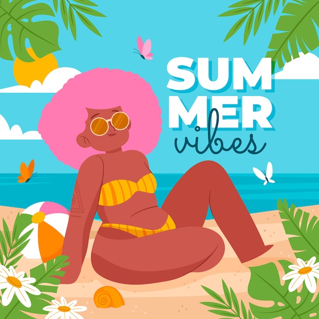 Vecteur gratuit illustration de vibes estivales plates avec une femme à la plage