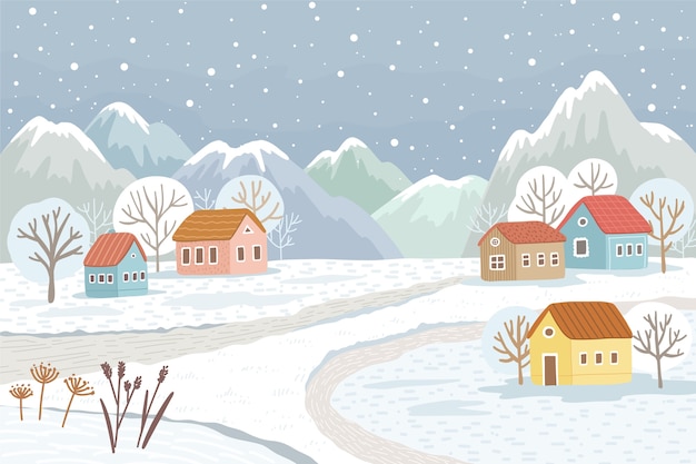 Vecteur gratuit illustration de village d'hiver dessiné à la main