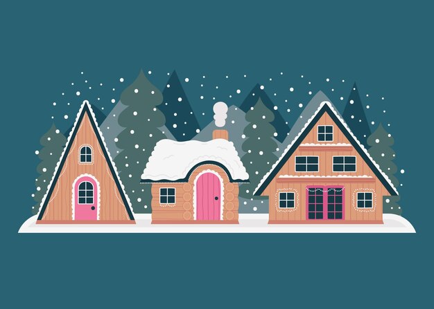 Illustration de village d'hiver plat dessiné à la main