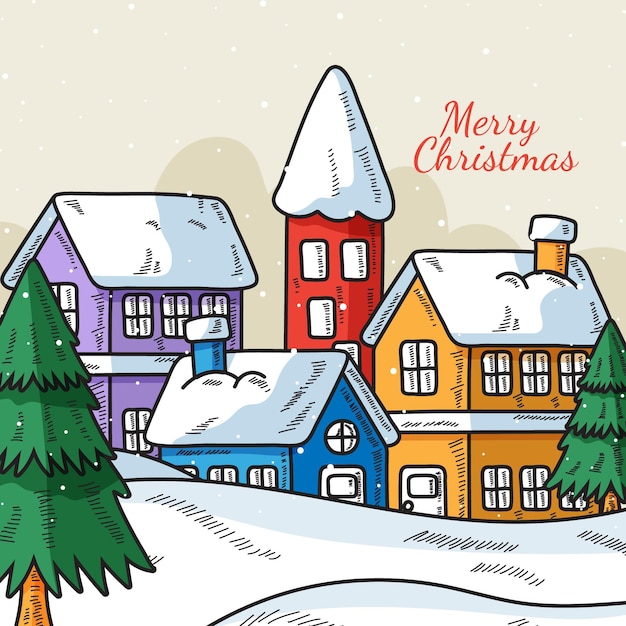 Illustration De Village De Noël Dessiné à La Main  Vecteur Gratuite