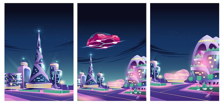 Vecteur gratuit illustration de la ville de nuit future avec voiture volante et bâtiments en verre brillant néon futuriste