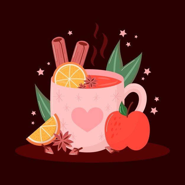 Illustration de vin chaud de noël plat dessiné à la main
