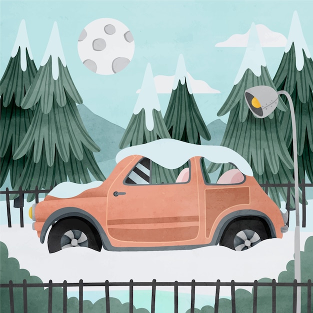 Vecteur gratuit illustration de voiture d'hiver aquarelle