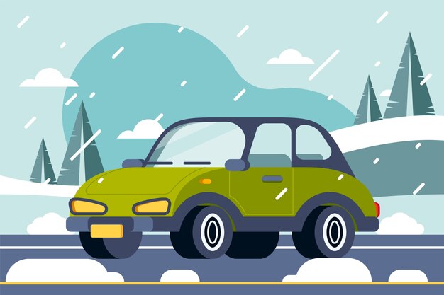 Illustration de voiture neige hiver plat