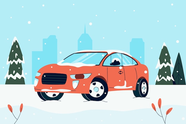 Vecteur gratuit illustration de voiture neige hiver plat